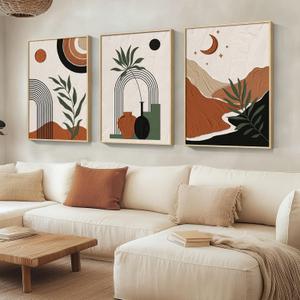 Framed Boho Canvas Wall Art Set of 3 Abstract Geometric Art Prints for Living Room, Hallway, Bedroom, Office, 24x36 Inch (Boho-Black Orange)
