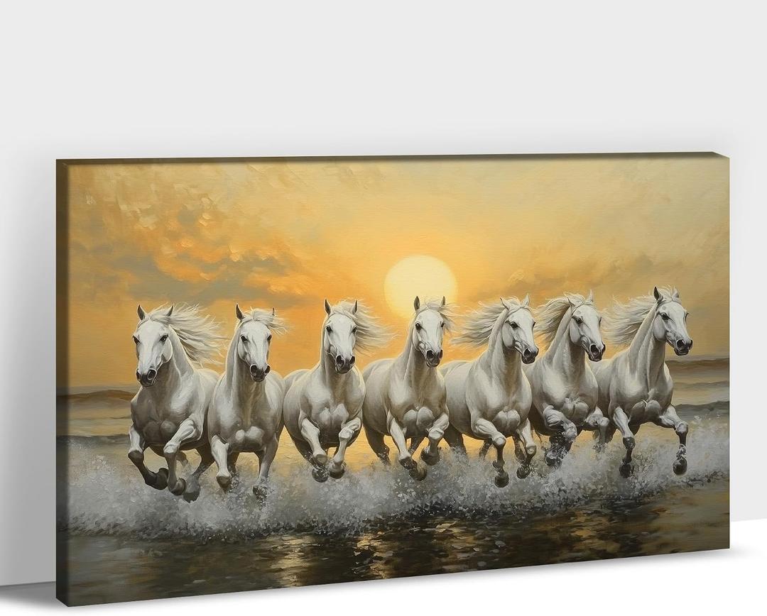 ANRUOXI Horse Pictures Wall Decor, 7 Running Horses Wall Art Vastu With Frame, Horse Posters Canvas Wall Art, Seven Horses Running Painting Vastu Shastra for Living Room Office Ready To Hang 32x48''