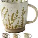18 OZ Coffee Mug,Large Stoneware Tea Cup,Vintage Floral Ceramic Mug,Hand-Painted Botanical Spotted Seagrass Pattern Cup,Rustic Speckled Mug with Embossed Green Plant Design,1PC