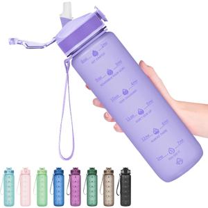 Hyeta 32 oz Water Bottle Straw Time Marker Leakproof Gym Office | 32oz Tritan bottle with time marks. Leakproof flip straw lid, one-hand open. Carry strap for gym, office, outdoor.