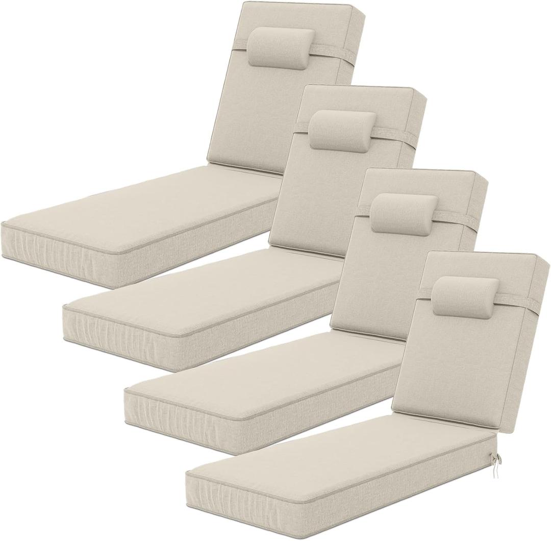 72 x 21 x 4 Inch Olefin Chaise Lounge Cushions, Lounge Chair Cushions with Headrest for Outdoor Furniture - Weather and Fade Resistant Patio Replacement Furniture Lounge Chair Cushion Set of 4 (Light Linen)