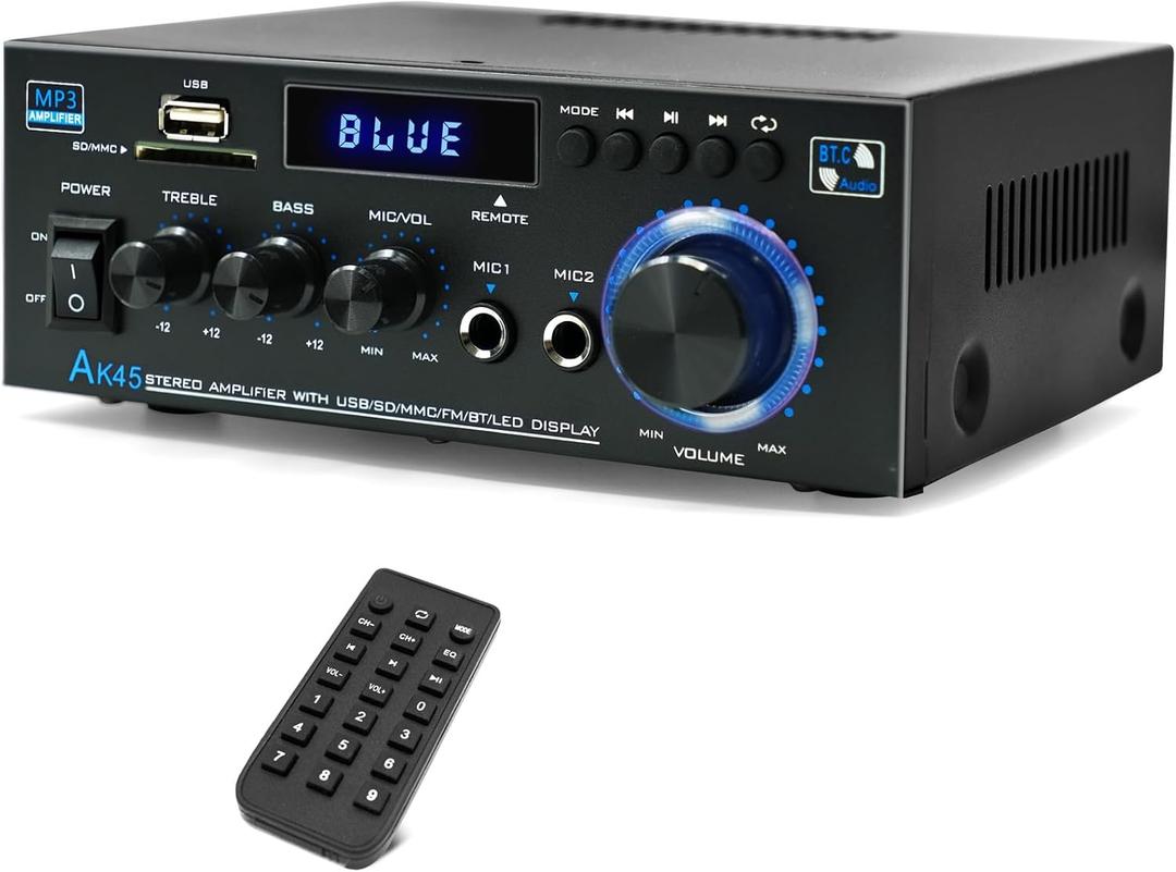 AK45 Stereo Home Audio Amplifier, 5.0 Mini Bluetooth Receiver, 300W *2 Blutooth HiFi Stereo Power Amplifier 2.0 Channel RMS 40W x 2 Home Stereo System with Remote Control Amp W/MIC,USB, RCA,FM Radio