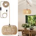 Rattan Boho Hanging Light,12.6'' Natural Hand Woven Fabric Drum Light,Plug Into Wall Outlet Pendant Light Fixture On/Off Switch for Dining,Living Room,Bedroom,Kitchen,Hallway Entryway, Without Bulb