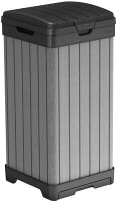 Keter Darwin Outdoor Trash Can, 38 Gallon Weather-Resistant Resin Waste Bin with Lid, Wood-Look Design for Patio, Deck, Porch & Backyard