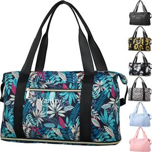 Expandable Travel Duffle Bag for Travel, Carry on Tote Bag Weekender Overnight Hosptital Bag for Men Women Lightweight Luggage Maternity BagBlue Leaves