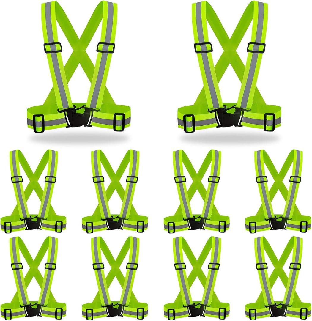 DUSKCOVE 10 Pack Hi Vis Safety Vests - Adjustable Bright Neon Color High Visibility Reflective Safety Straps Gear for Traffic Control, Running, Cycling (Yellow)