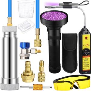 AC Leak Detector Kit, R1234yf R134a R410a AC Oil UV Dye Injector Kit Refrigerant Leak Detector Tool Low Side Quick Coupler Mini Split Adapter Glasses Flashlight(Simple)