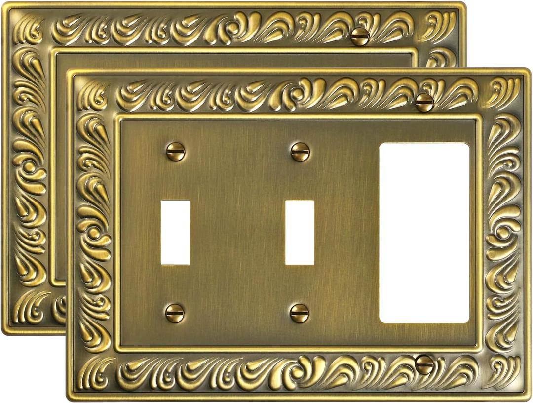 2-Pack Combo Double Toggle/Single Decorator Outlet Cover Plate, Paisley Pattern Decorative Switch Plates and Outlet Covers, 4 Gang Antique Brass Metal Wall Plates, Corrosion Resistant