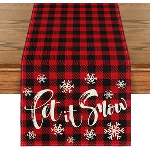 Artoid Mode Red and Black Buffalo Plaid Let It Snow Table Runner, Seasonal Winter Christmas Holiday Kitchen Dining Table Decoration for Indoor Outdoor Home Party Decor 13 x 108 Inch