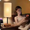 FlexTurtle Bedside Lamp with Charging Station 74W【2*3.94ft Retractable Cords & 2 USB Ports】, 3 Way Dimmable Touch Lamps for Nightstand with LED Bulb, Desk Lamp with Charger for iPhone, iPad, Wood Base