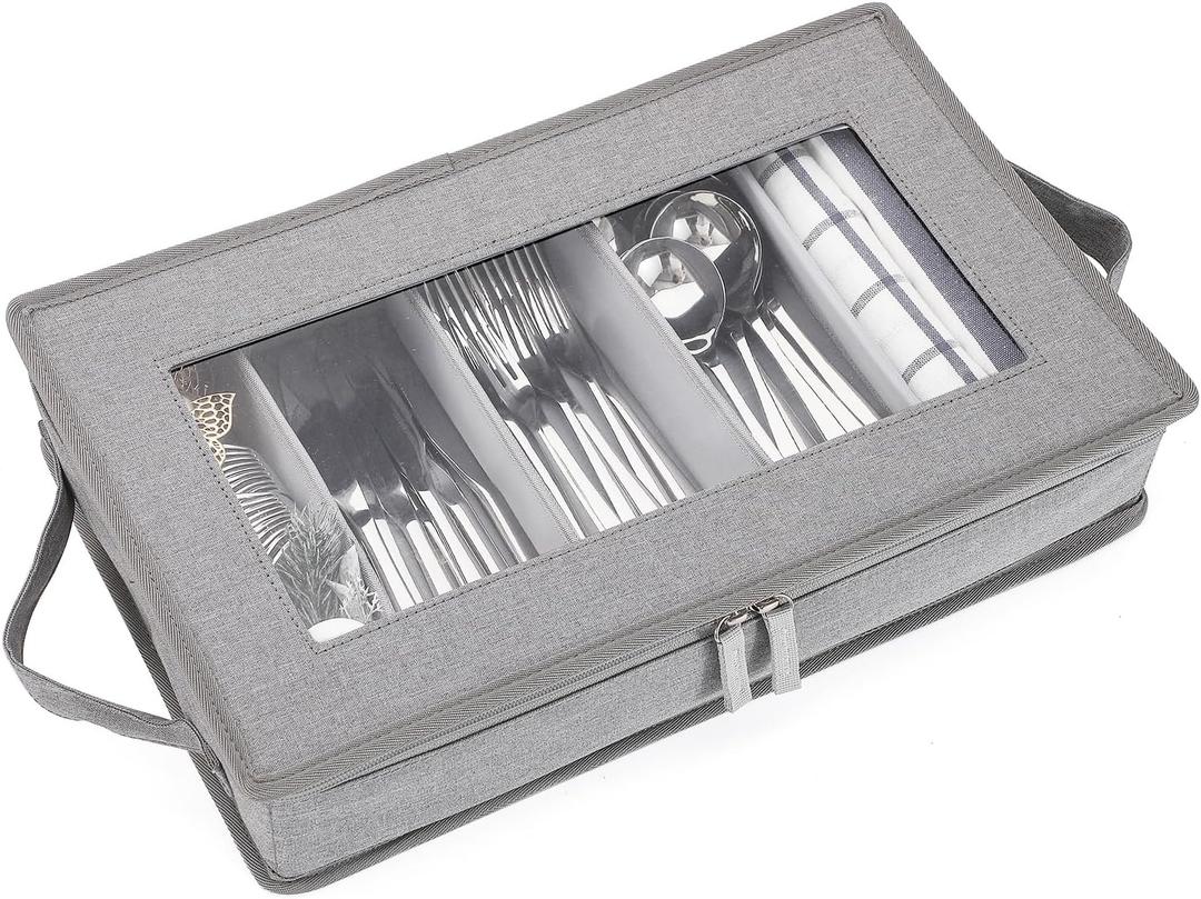 Joyfol Day Flatware Utensil Storage Case, Grey Silverware Storage Box Chest with Adjustable Dividers, Removable Cutlery Storage Holder with Zipper Lid for Organizing Spoon/Flatware/Knives (15.7" W X 9.8" D X 2.8" H)