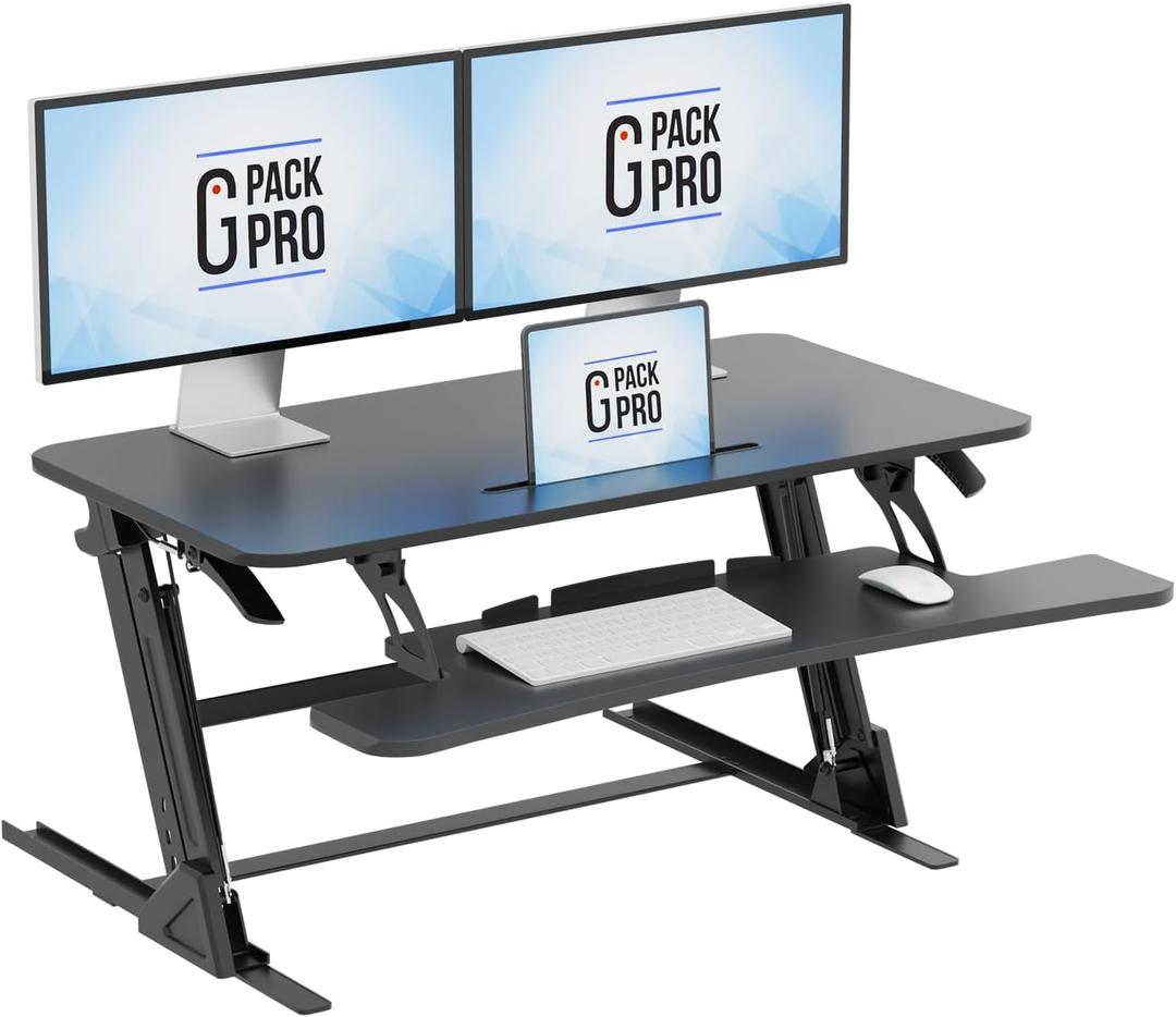 Standing Desk Converter  38" Wide Stand Up Desk Riser  Quick Sit to Stand Tabletop Dual Monitor Workstation  Height Adjustable Up to 17.3"  Black