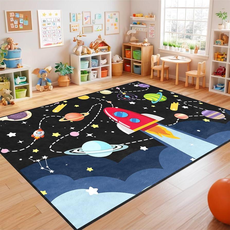 Space Rug - Space Rug for Boys Room Cartoon Solar System Carpet Educational Learning Carpet for Playroom Planet Themed Mat for Bedroom Decor, 2.5x4 Feet