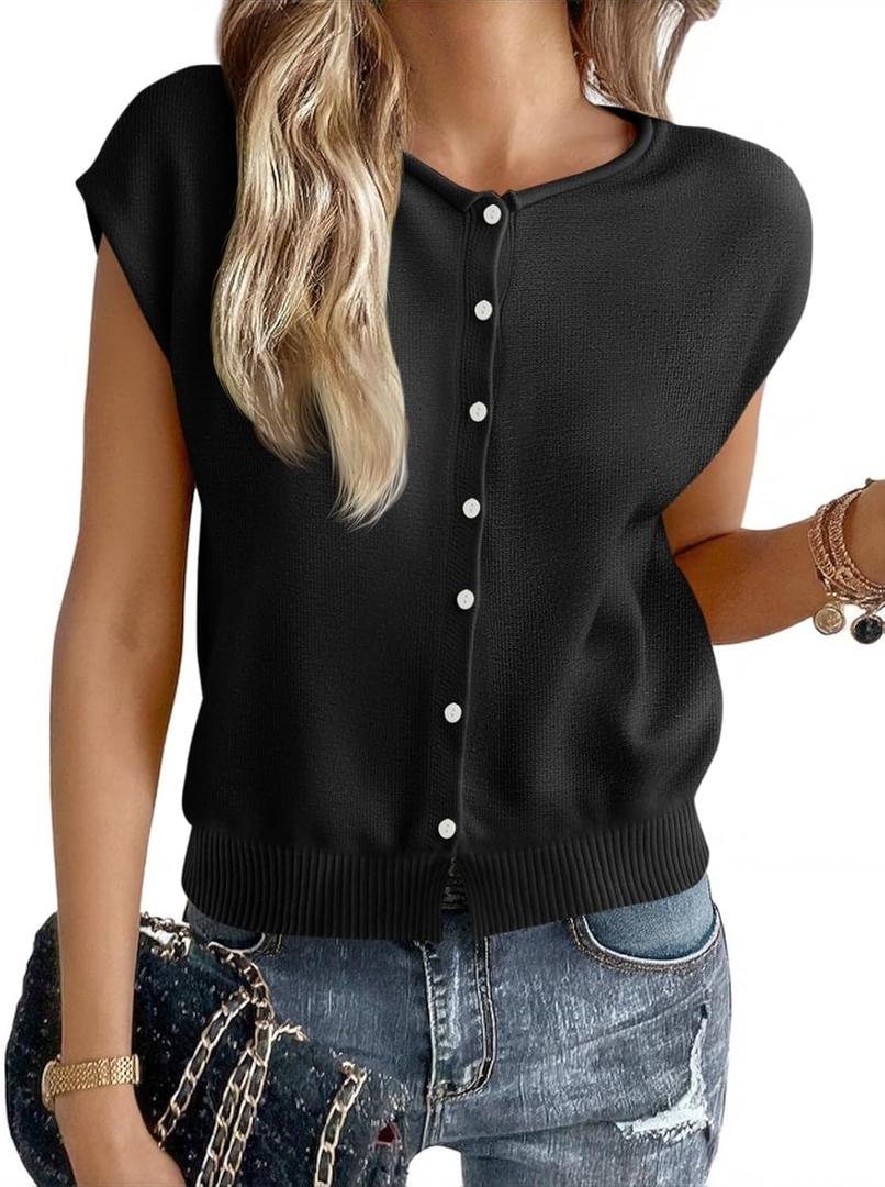 Cicy Bell Womens Cap Sleeve Sweater Vest Lightweight Casual Knit Tank Tops Trendy Crew Neck Button Cardigans (Small, Black)