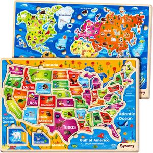 SYNARRY Large USA World Wooden Puzzles for Kids Ages 4-6, Learning United States World Maps Puzzles for Kids Ages 6-8, Wood Jigsaw Puzzles Educational Games Toys for Boys Girls Ages 3-8, Easter Gifts