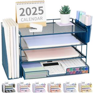 OPNICE Desk Organizer, 4-Tier Desktop File Organizer with Drawer and 2 Pen Holders, Office Desk Accessories, File Sorters, Workspace Organizers for Office Supplies(Dark Blue)