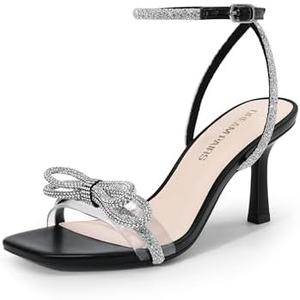 DREAM PAIRS Women's Double Bowknots Heels Open Square Toe Ankle Strap Crystal Rhinestone Dress Sandals for Party Wedding, Size 8