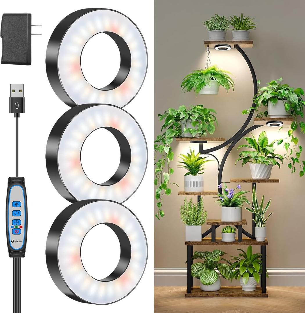 Wiaxulay Grow Lights for Indoor Plants, 144 LEDs Full Spectrum LED Plant Grow Light, 5V/3A Under Cabinet Grow Lamp with Auto Timer 6/12/16 Hrs, 3 Lighting Mode, 5 Brightness Levels, Tri Head (3.5in)