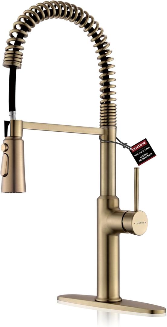 Brushed Gold Kitchen Sink Faucets, Commercial High Arc Single Handle Kitchen Faucets for Pull Down Sprayer Modern Spring with Deck Plate 22 inch