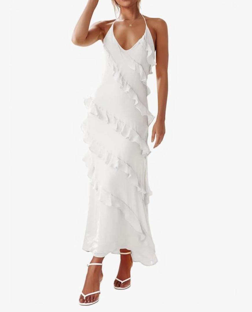 Wenrine Womens Sexy Chiffon Halter Maxi Dress Sleeveless Backless Ruffle Tassel Party Club Dresses XL
