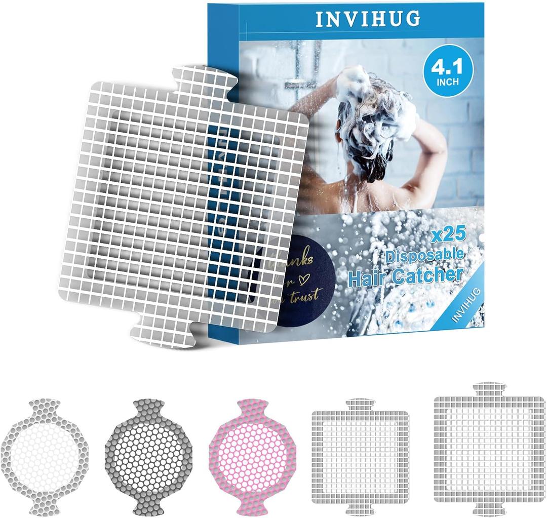 INVIHUG,25 Pack, Disposable Shower Drain Hair Catcher Mesh Stickers,Disposable Hair Drain Catcher. (4.1inch Square) (White)