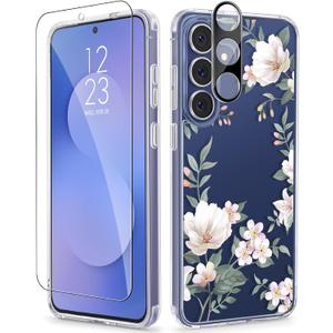GVIEWIN for Samsung Galaxy S25 FE Case, with Screen & Camera Lens Protector, [Military-Grade Protection][Non Yellowing] Clear Floral Shockproof Protective Case for Women (Magnolia/White)