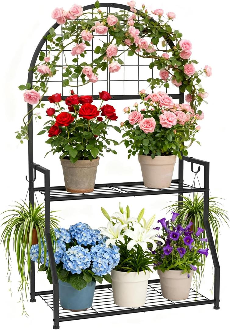 VGMiu 2 Tier Plant Stand Indoor Outdoor, Metal Plant Display Stand Plants Shelf Rack for Multiple Plants, Black Flower Plante Pots Holder for Patio Garden Balcony Living Room