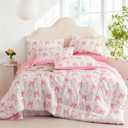 CCoutueChen Pink Bow Comforter Set Queen 3Pcs Pink Floral Bedding Set for Girls Kids Romantic Princess Style Bowknot Bedding Ultra Soft Reversible Garden Flower Comforter Sets with 2 Pillowcases