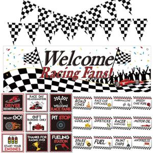 Race Car Party Decorations Set 9 Racing Theme Party Signs 1 Welcome Race Fans Banner 2 Black and White Checkered Pennant Flags 12 Food Tents Let's Go Snack Tent Cards Backdrop Birthday Supplies