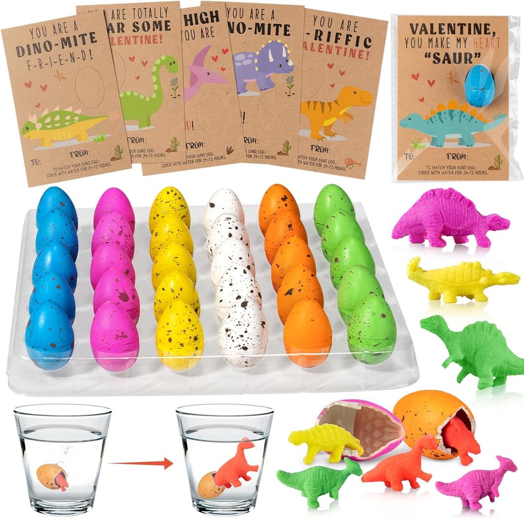 GiftPioneer Valentines Day Gifts for Kids, 30Pcs Hatching Dinosaur Eggs Cards Bulk, Novelty Dino Toys Valentine Exchange Gift for Boys Girls Toddler School Class Classroom Party Favors