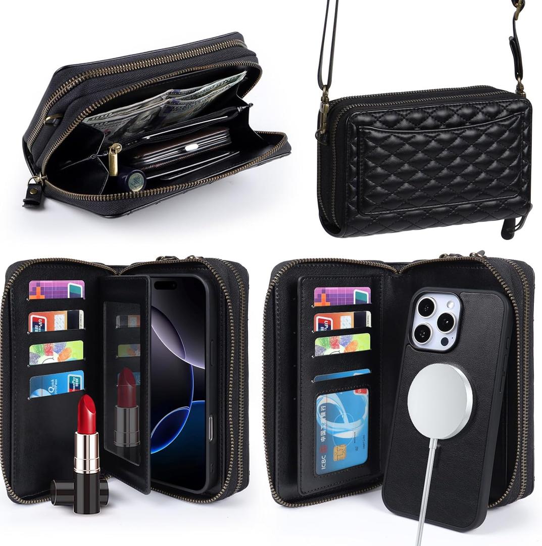 Harryshell Compatible with iPhone 16 Plus Case Wallet Multi Zipper Detachable Removable Cover Purse with RFID Blocking Card Slots Holder Mirror Crossbody Strap (Compatible with Magsafe - Black)