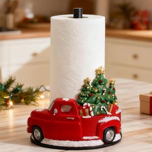 Christmas Red Truck Paper Towel Holder, Rustic Red Truck Christmas Decorations for Kitchen Bathroom & Home, Christmas Tree Farmhouse Counter Decor, Resin Stainless Steel Stand, Winter Xmas Gift Idea