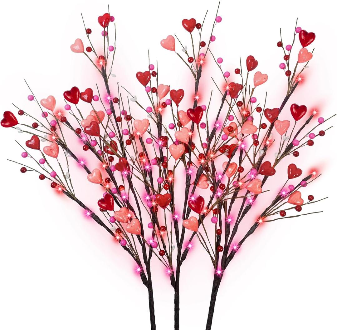 3 Pack Lighted Valentine's Day Decoration, 30" Tall Artificial Red Pink Heart Shaped Berry Picks with 60LED Lights Timer Lighted Branches for Vases Valentine's Day Gifts Anniversary Wedding