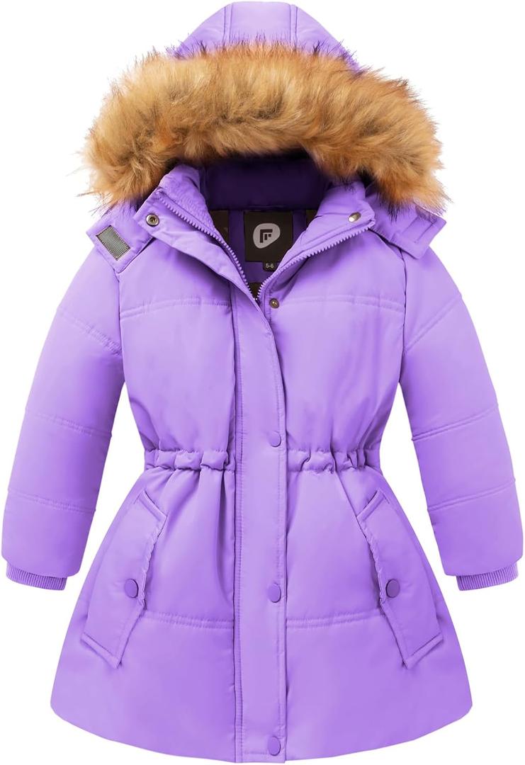 Girls Winter Coat Warm Puffer Jacket Long Fleece Lined Coat With Removable Hood 11-12