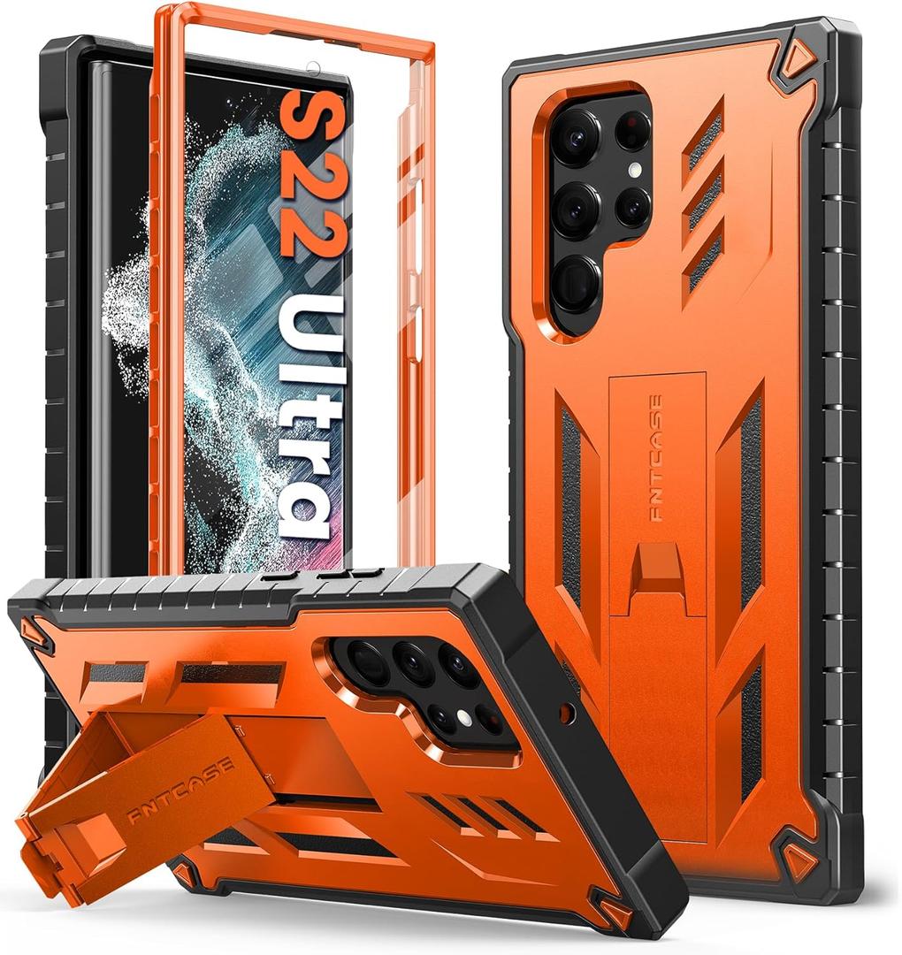 FNTCASE for Samsung Galaxy S22 Ultra Case: Built-in Screen Protector&Kickstand Full-Body Dual Layer Rugged Military Grade Shockproof Protection Heavy Duty Protective Phone Cover 5G-Orange