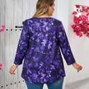 Plus Size Tunic Tops for Women 3/4 Sleeve Tunics Loose Fit Shirt Crew Neck Pleated Solid Casual Dressy Blouses (Purple, XXL)