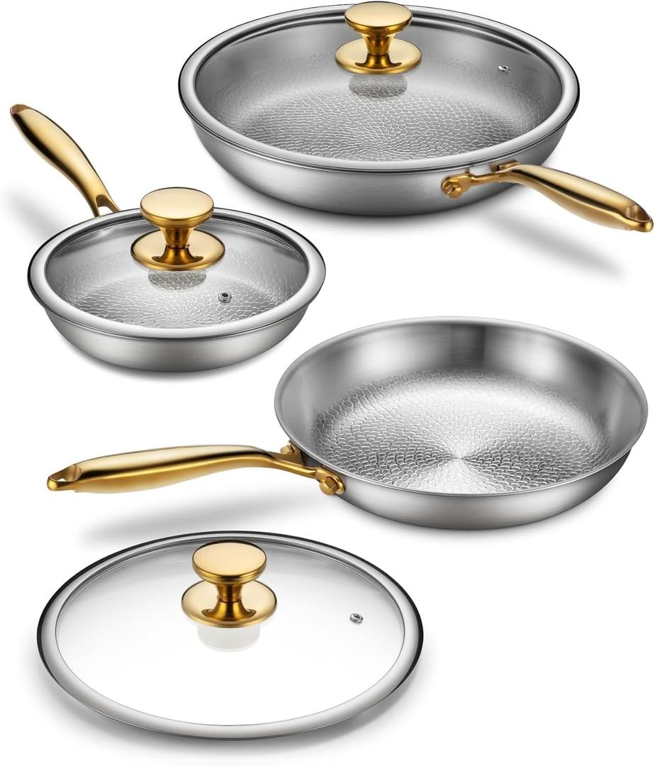 Titanium Pans for Cooking, 8/10/12 Inch with Lids, Titanium Frying Pan
Hammered Chef-Grade Design | PFAS/PFOA/PTFE-Free | Induction, Dishwasher Safe & Oven-Safe