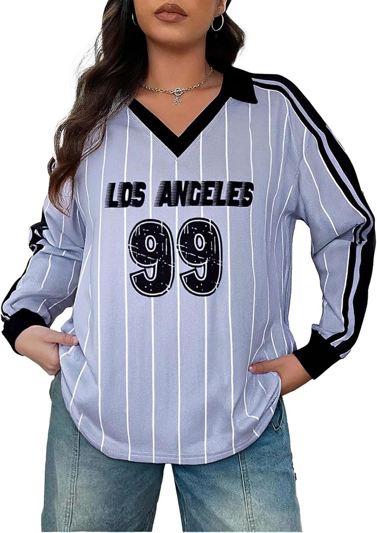 Jersey Shirts for Women Y2k Graphic Number Shirt Football Jersey Top V Neck Streetwear Long Sleeve Tops
