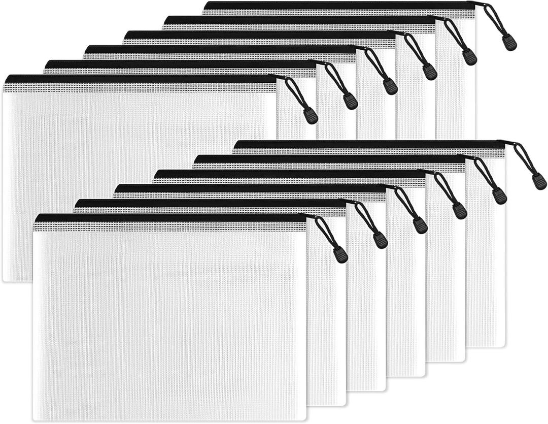 Plastic Mesh Zipper Pouch (Black, 12 Packs), Small Water-Resistant Zip Bag for School Office Supplies, Pencil Organizing Storage 