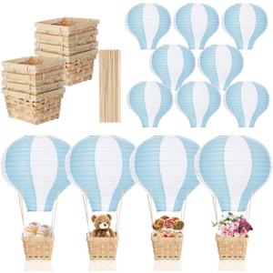 Meooeck 8 Sets Hot Air Balloon Table Centerpieces 11.8'' Paper Lanterns Woven Baskets with Sticks for DIY Hot Air Balloon Centerpiece Decor for Gender Reveal Birthday Baby Shower Wedding(Blue)