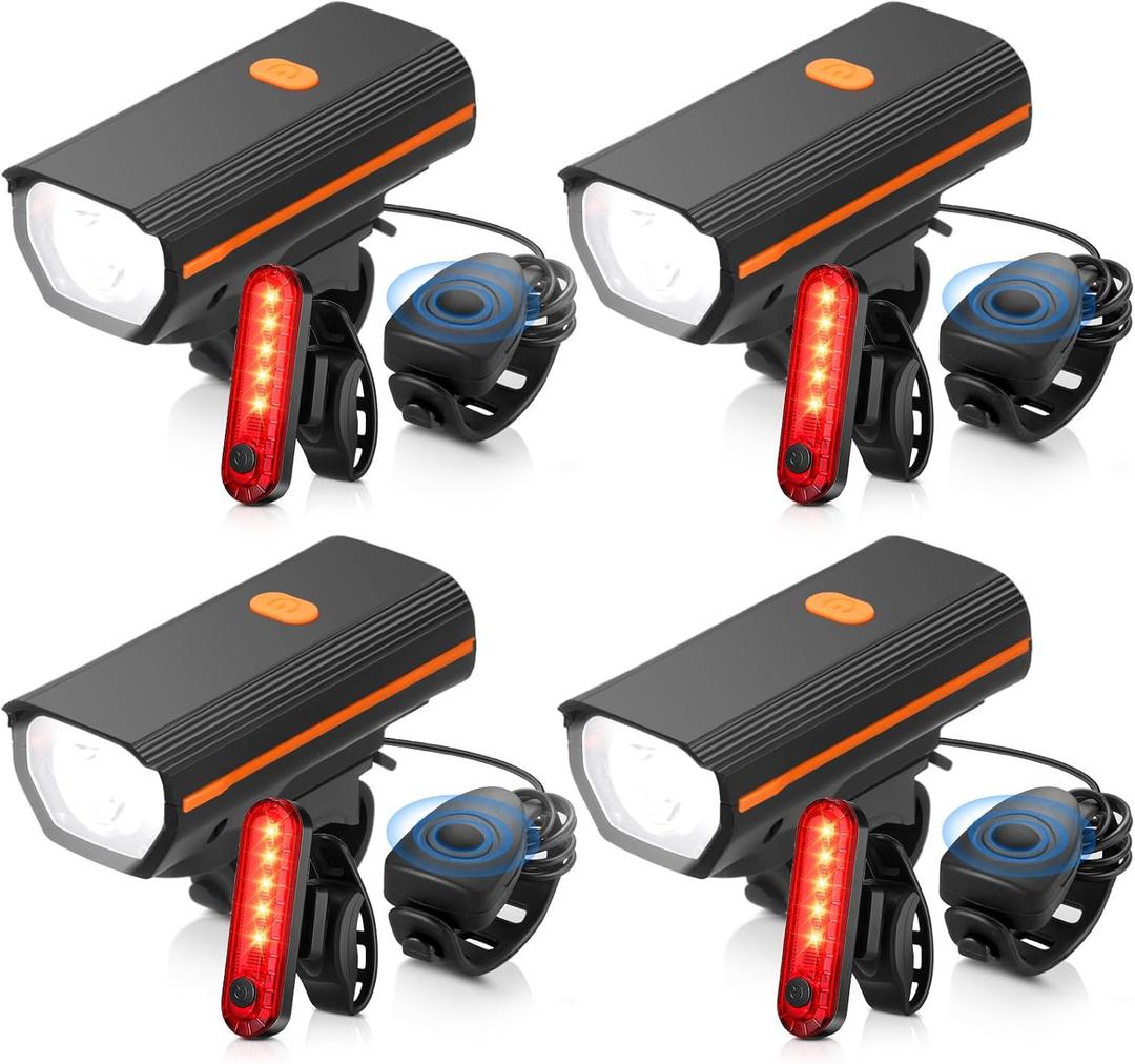 Hanaive 4 Sets Bright LED Bike Light Set USB Rechargeable Bicycle Front Headlight Back Taillight Waterproof Bicycle Light Cycling Accessories for Men Women Night Road Mountain Riding, Classic