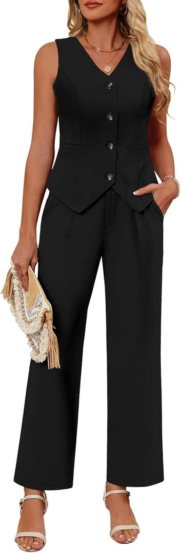 Ficerd Women's 2 Piece Outfits, Sleeveless Cotton Suit Vest and Wide Leg Pant Summer Business Casual Button V Neck Blazer Set(Black,Medium)