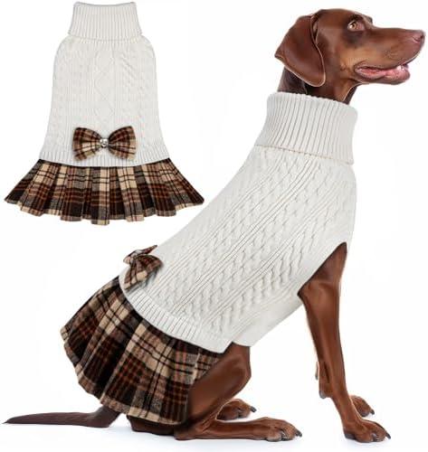 KYEESE Dog Sweaters Dress with Leash Hole with Bowtie Turtleneck Red Dog Knitwear Plaid Pattern Warm Pet Sweater for Medium Dogs White,(XX-Large (Pack of 1)
