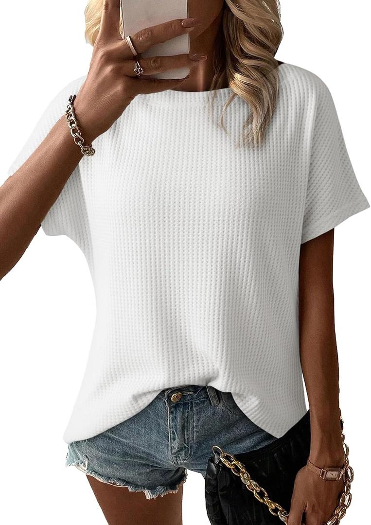Dokotoo Women's Casual Boat Neck Short Sleeve Waffle Knit Shirts Loose Summer Tunic Tops Blouses (Medium, White)
