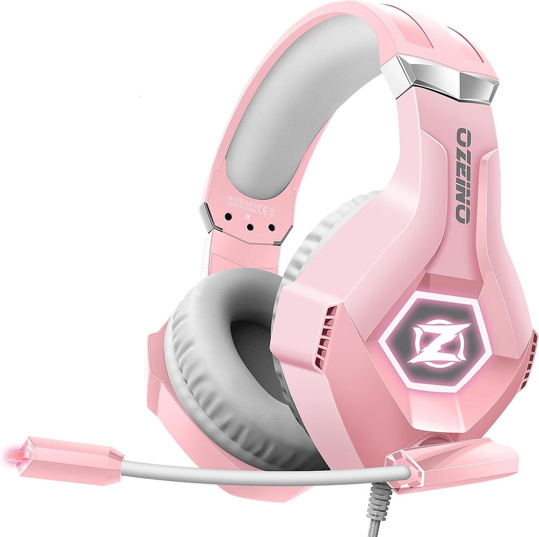 Ozeino Gaming Headset for PC, Ps4, Ps5, Xbox Headset with 7.1 Surround Sound, Gaming Headphones with Noise Cancelling Mic RGB Light Over Ear Headphones for Xbox Series X/S, Switch-Pink