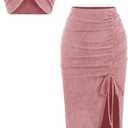 WDIRARA Women's 2 Piece Outfits One Shoulder Crop Tops and Side Split Bodycon Midi Skirt Set (Large, Coral Pink)