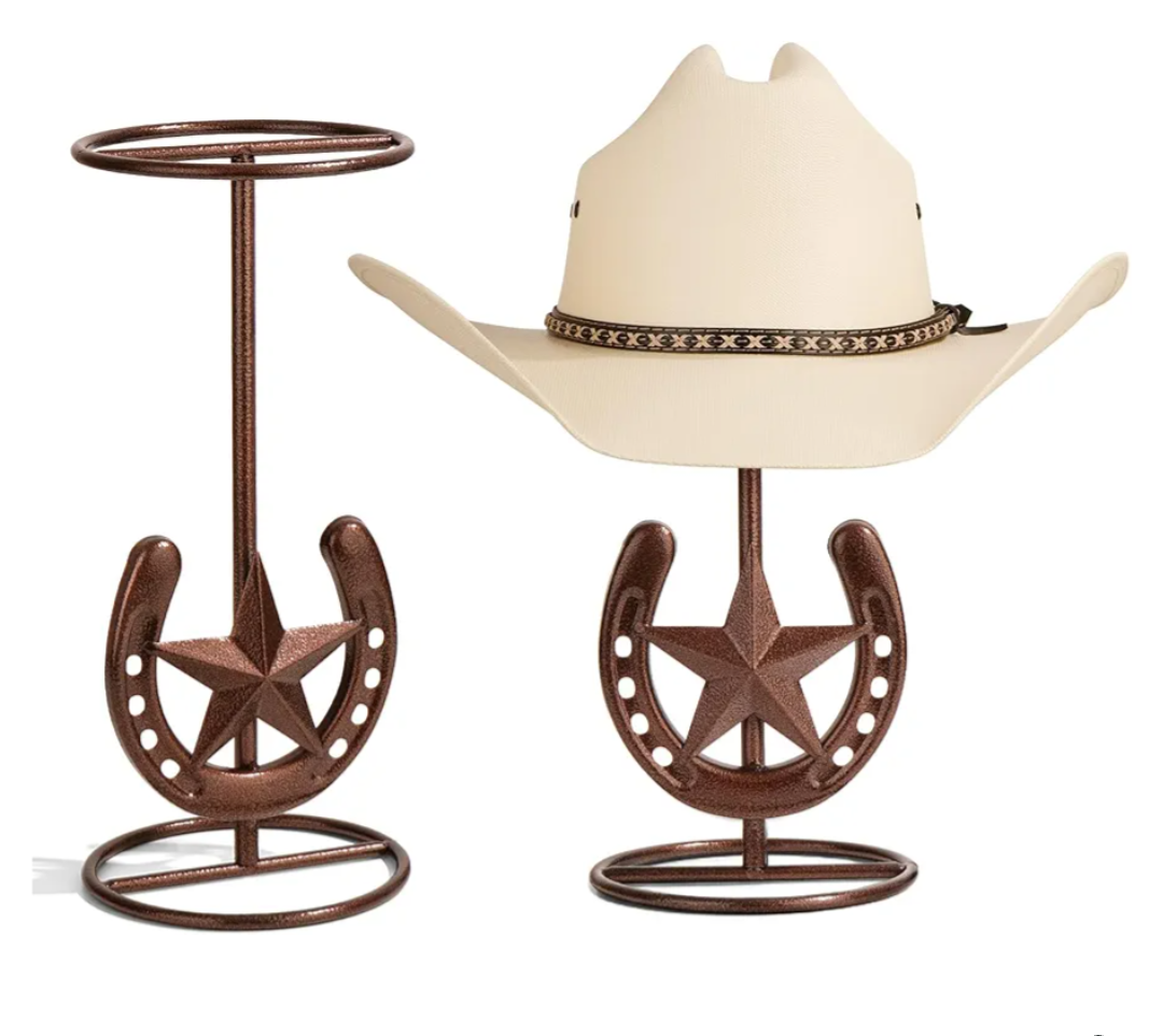 Cowboy Hat Stand, Hat Display, Western Horseshoe Decor, Cowboy Hat Holder, Hat Stands for Display Tabletop, Cowboys Gifts for Men, Desk Hat Rack for Fedora, Sun Hats,Straw Hats, Iron, Bronze, 2 Packs