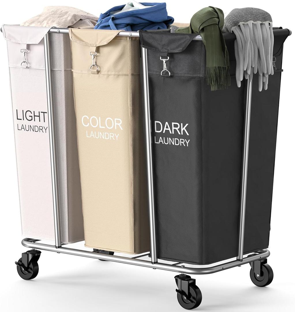PLKOW Laundry Sorter 3 Section, 220L Large Laundry Cart with Wheels 3 Hamper Laundry Sorter with Steel Frame and Removable Bag, Rolling Laundry Cart for Home, Laundry Room, Hotel, 6 Bushel (White+Khaki+Black)