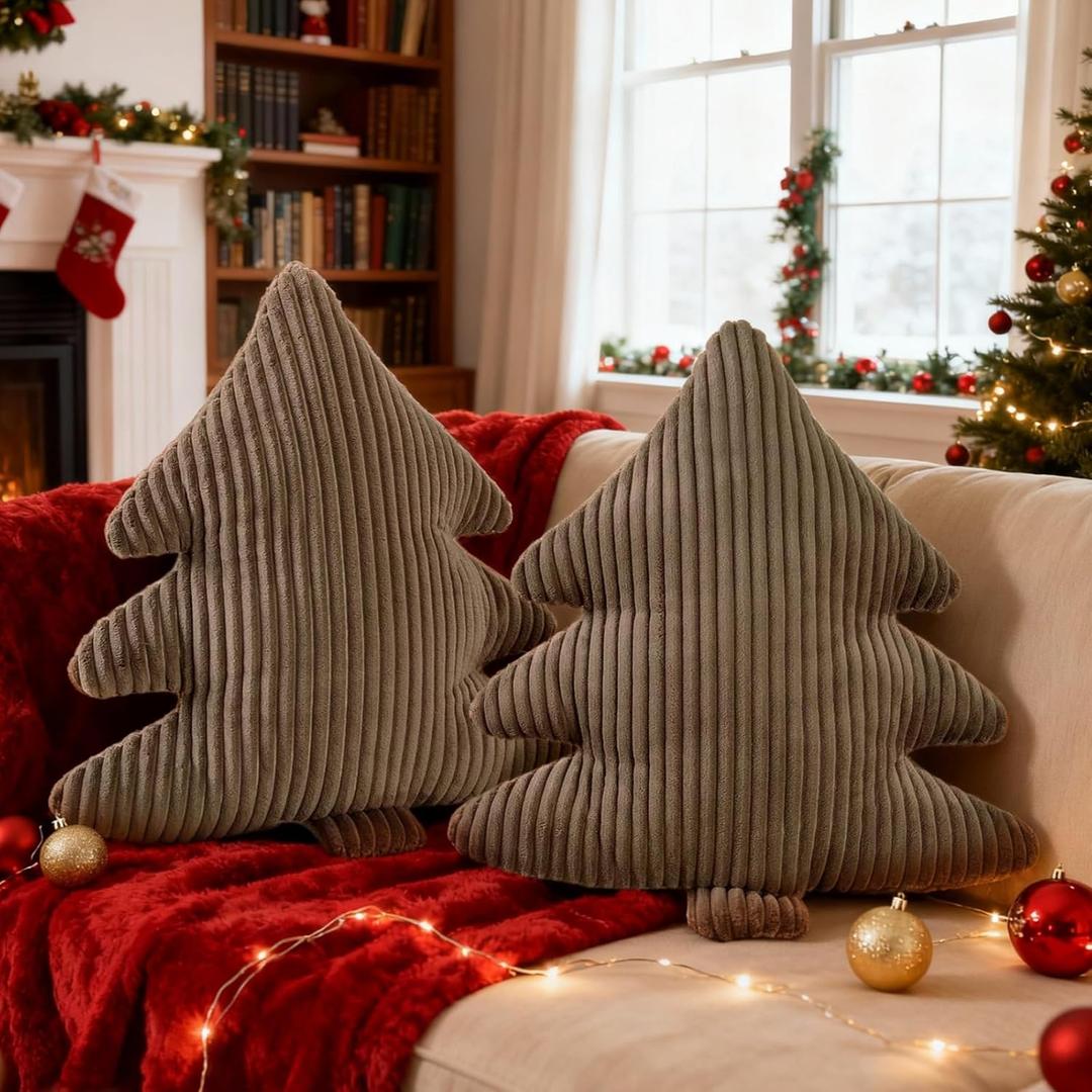 Lanpn Christmas Tree Pillows Set of 2, Christmas Decoration Narrow Stripes Winter Throw Pillow Soft Cute 3D Shaped Xmas Tree Throw Cushion for Sofa Bedroom Xmas Decor (18x16 inch, Brown)