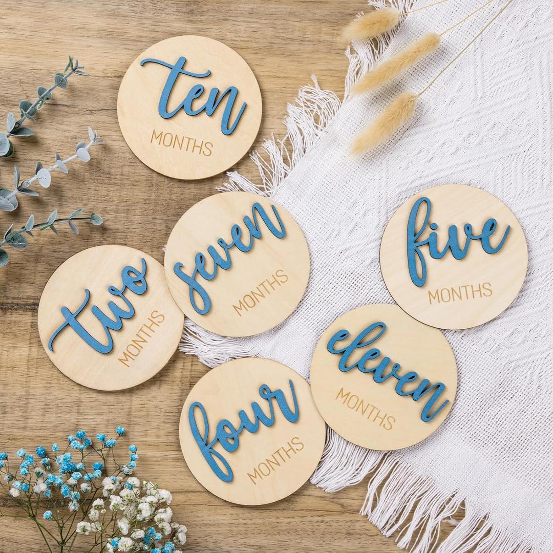 Baby Monthly Milestone Discs for Boy: Milestone Marker Circles Wooden Cards from 1-12 Months for Photo Props - Newborn Age Signs for Gifts (Blue)